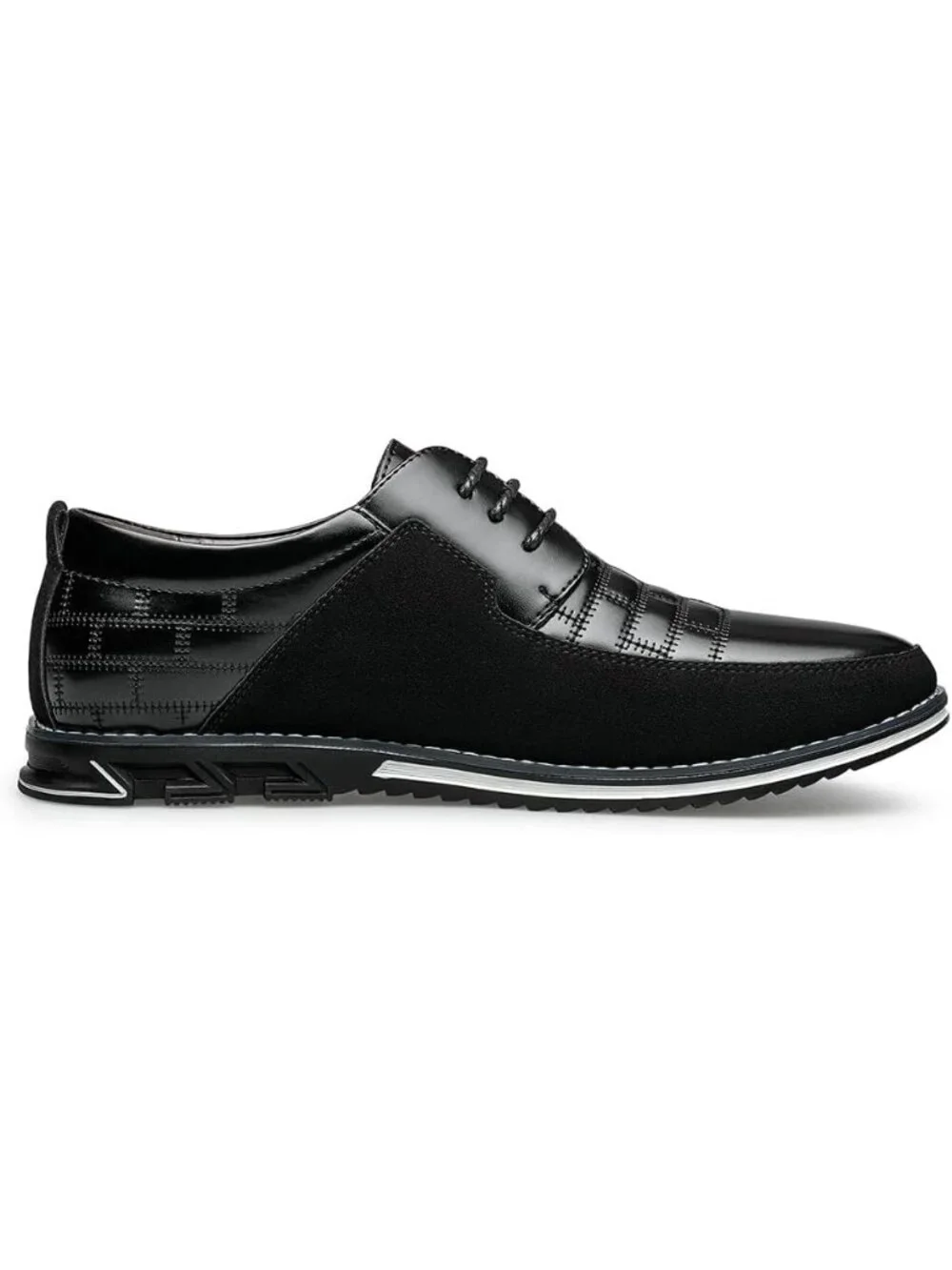 Men's Black Leather Plaid Embossed Grid Comfortable Hybrid Oxford Dress Sneakers